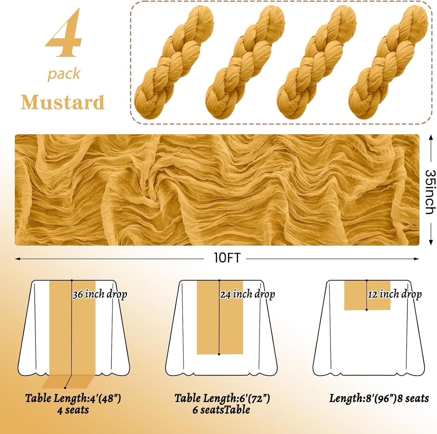 4Pack Gold Table Runner 10FT Cheesecloth Table Runner 35x120Inch Long Boho Cheese Cloth Table Runners Rustic Gauze Fall Table Runners for Party Wedding Bridal Shower Baby Shower Decorations