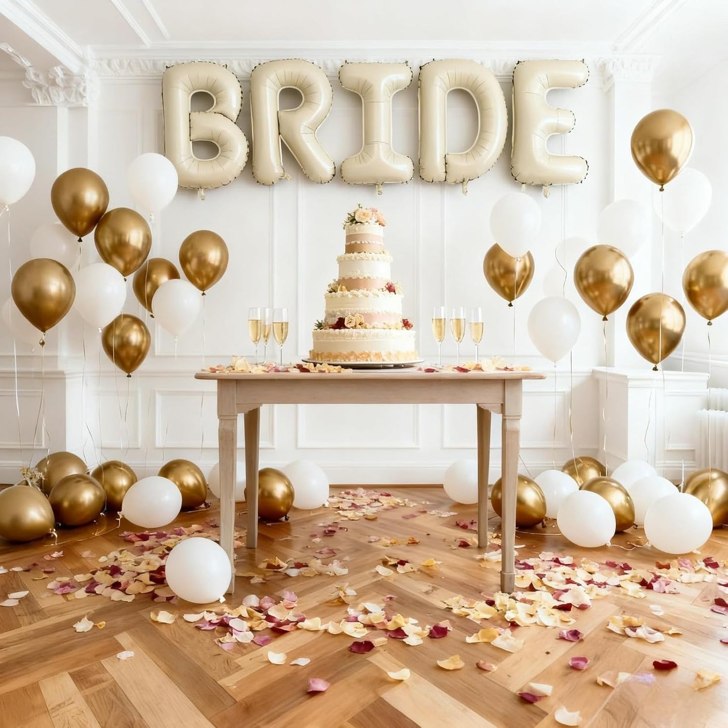 40Inch BRIDE Balloons- Metallic Gold Pearl White Balloons with Large Cream White BRIDE Foil Banner Letter Sign for Wedding Bridal Shower Engagement Bachelorette Party Decorations