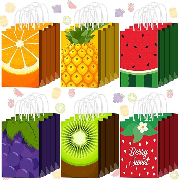 Outus 24 Pcs Summer Fruit Party Favors Bags Fruit Goodie Gift Paper Bag with Handles Tutti Frutti Strawberry Watermelon Candy Treat Tote Pouch for Summer Party Birthday Baby Shower Decoration Supplies