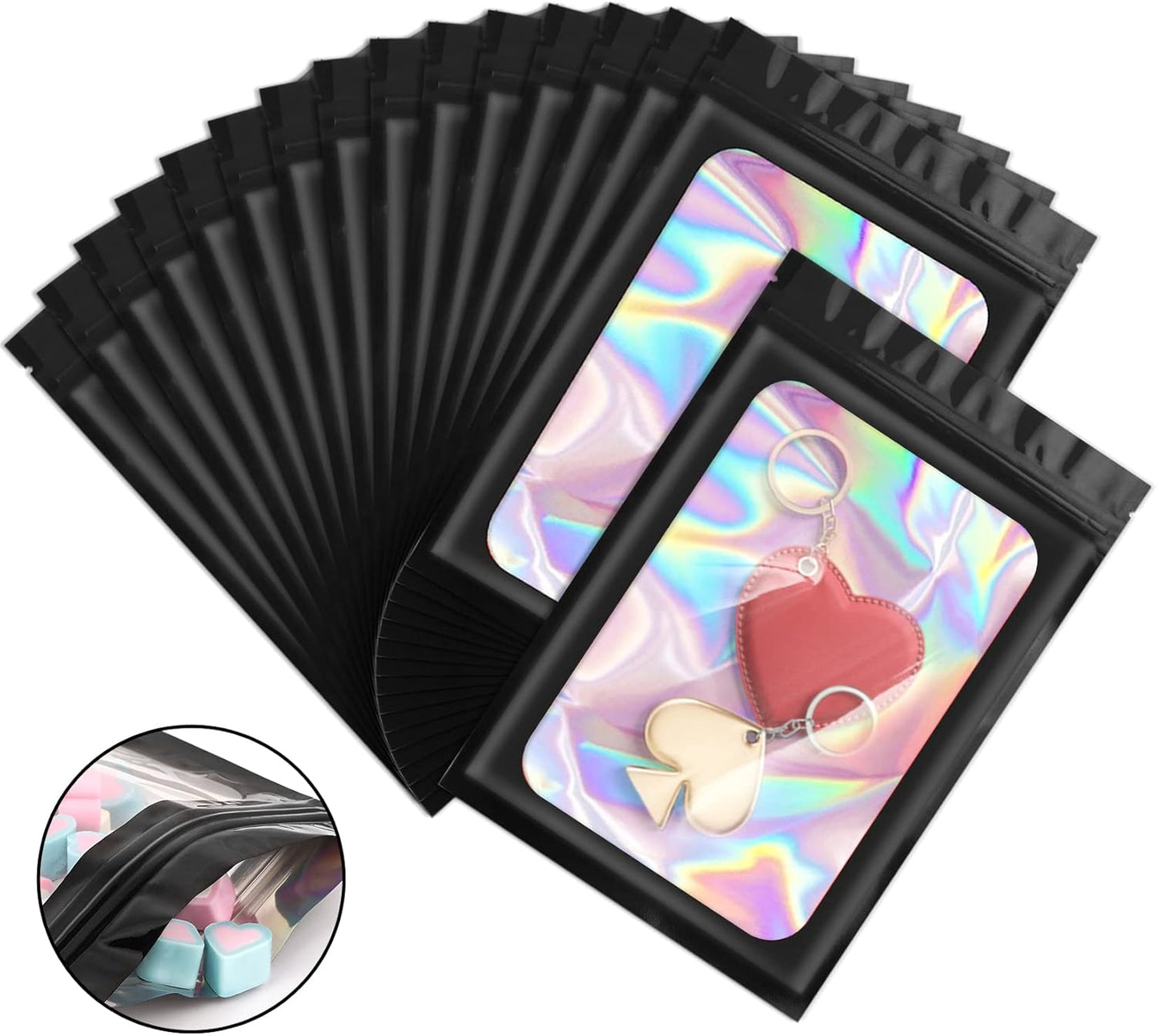 100 Pieces Smell Proof Mylar Bags, Holographic Packaging Bags, Resealable Odor Foil Pouch Zipper Bag with Clear Window for Food Storage and Lipgloss, Jewelry Lash (Black, 4 x 6 Inch)