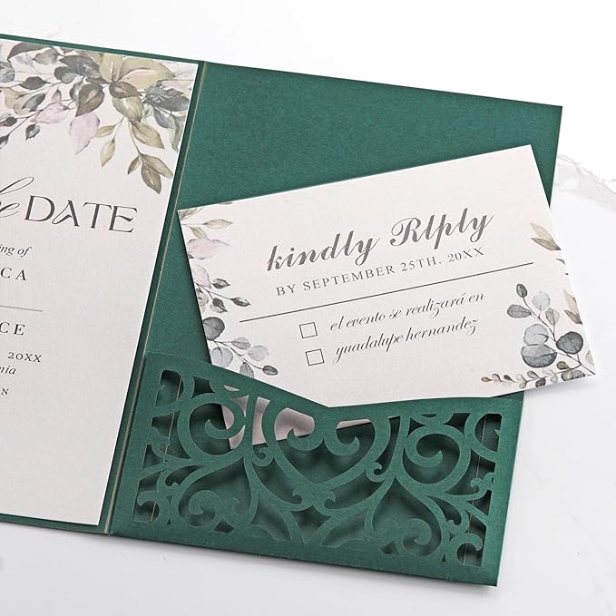 AdasBridal 50PCS Green Wedding Invitations with Envelopes and Rsvp Cards Laser Cut Invitations 4.9x7.1 Customized Invitation Cards Pearl Paper Inserts for Wedding Quinceanera Bridal Shower Party