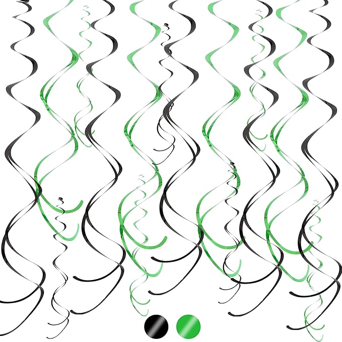 BEISHIDA Black Green Hanging Swirls Party Decorations Plastic Streamer for Dinosaur Theme Birthday Graduation Jungle Party Decorations, Pack of 24