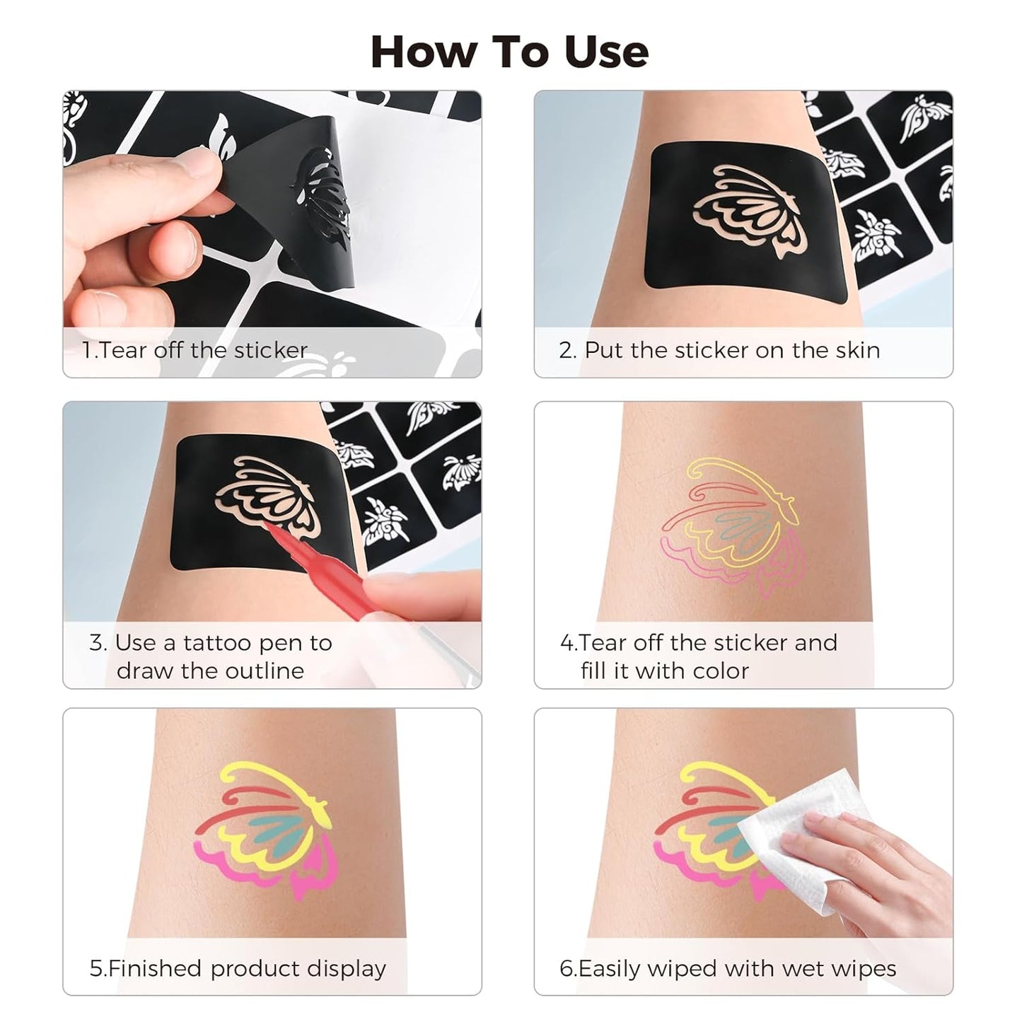 MokasakisoTemporary Tattoo Markers for Skin, 15 Colors Tattoo Pen & 64 Paint Stencils & 5 Tattoos Stickers,washable Temporary Tattoo Kit Glitter & Matte & Neon Glow Body Marker Set for Kids