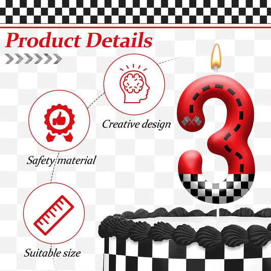 Racing Car Theme Birthday Candle with Checkered Flag Design - Durable Cake Topper for Race Car Party Decorations,Birthday Supplies - Number 3 Candle for Racing Themed Celebrations
