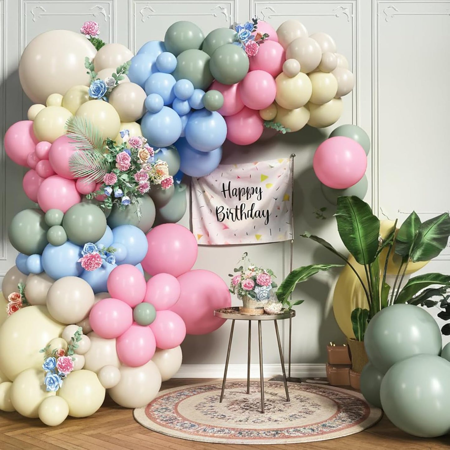 Pink Green Balloons Arch Sage Green Pink Blue Yellow White Balloon Garland Pastel Blue Yellow Beige Olive Latex Balloons Fairy Birthday Tea Goose Party Decorations Wedding Wildflower Baby Shower