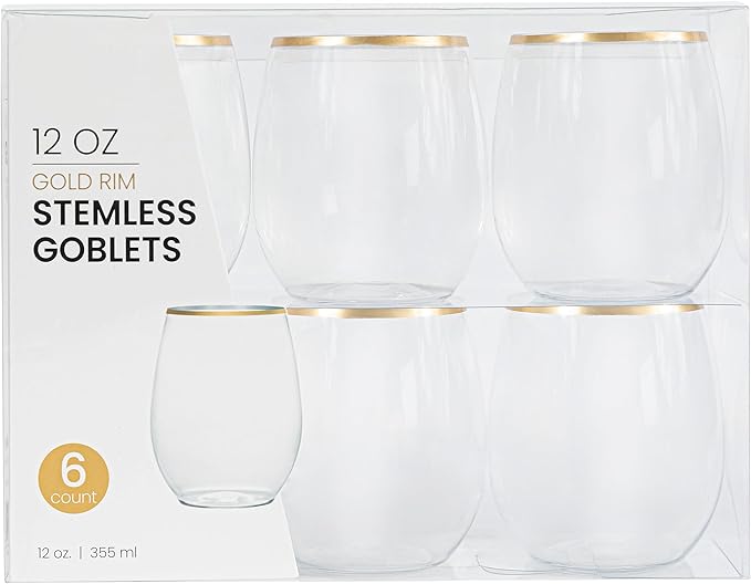 PLASTICPRO 12 Pack Clear With Gold Rim Plastic Wine Glasses Stemless Disposable 12 oz BPA Free Shatterproof Plastic Wine Cups Wine Glasses for Parties