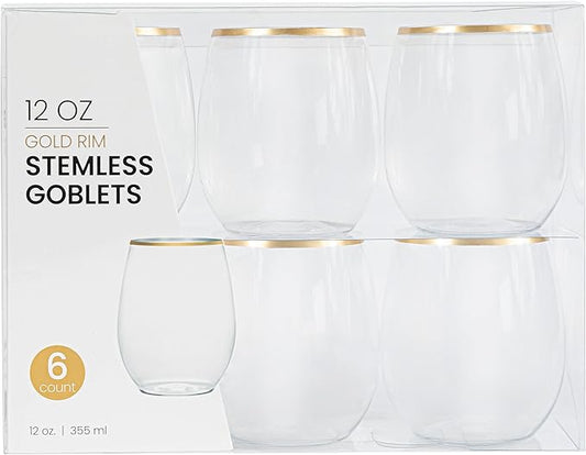 PLASTICPRO 12 Pack Clear With Gold Rim Plastic Wine Glasses Stemless Disposable 12 oz BPA Free Shatterproof Plastic Wine Cups Wine Glasses for Parties