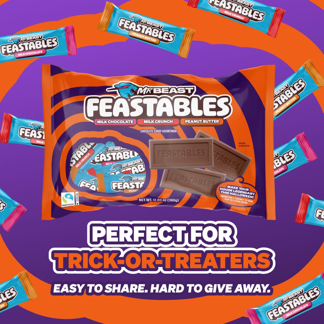 Feastables Mrbeast Halloween Candy Variety Pack With Milk Chocolate, Peanut Butter, & Milk Crunch Mini Bars, Trick or Treat Chocolate Bar Snacks or Party Favors, Fairtrade Cocoa, 12.69 Oz Bags, 4 Pack