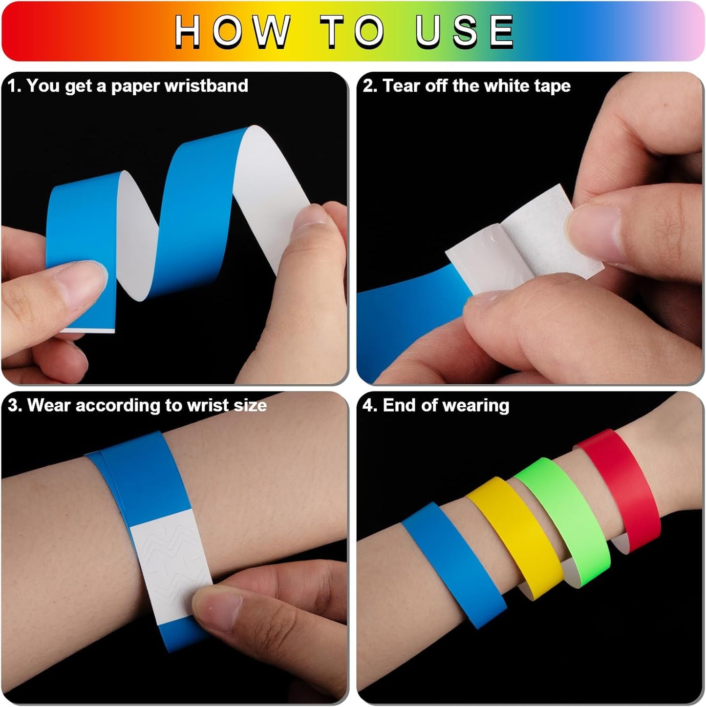 1200 Pcs Plastic Paper Wristbands for Events Neon Color Wrist Bands Concert Identification Wristbands Paper Bracelets Wristbands Party Hand Bands (Red, Orange, Yellow, Fluorescent Green, Blue, Pink)