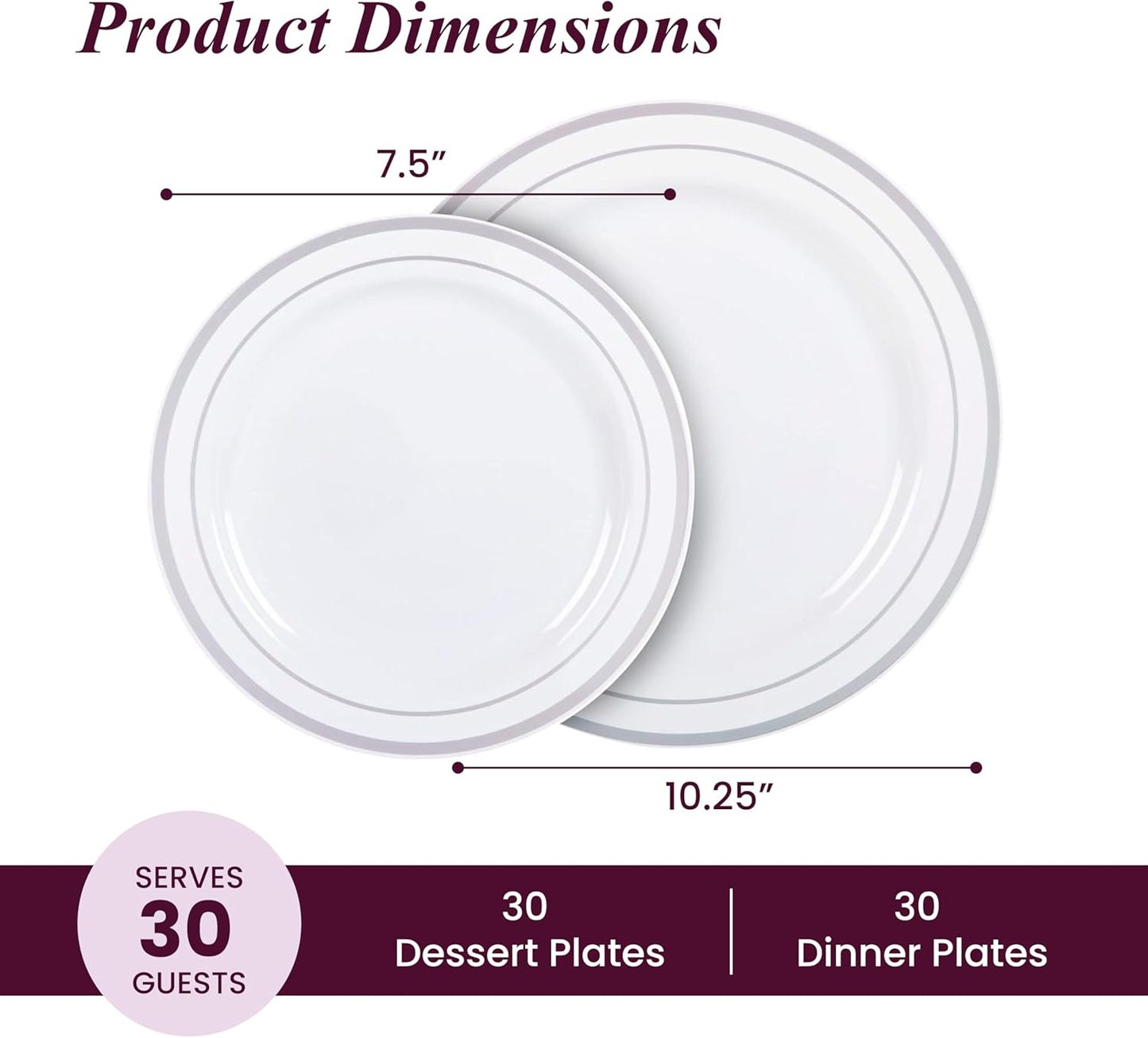 Aya's 60 Silver Rimmed Plastic Plates for Party, Heavy Duty Disposable Plate Set of 30 Dinner and 30 Dessert Plates for Weddings and Special Events, Fancy Disposable Tableware