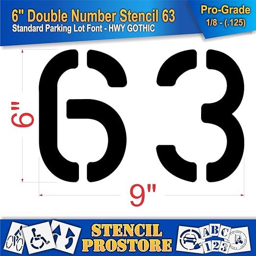 Pavement, Curb, and WheelStop Stencils - 6 inch Double Number Stencil - (63) - 6" x 9" x 1/8" (128 mil) - Pro-Grade