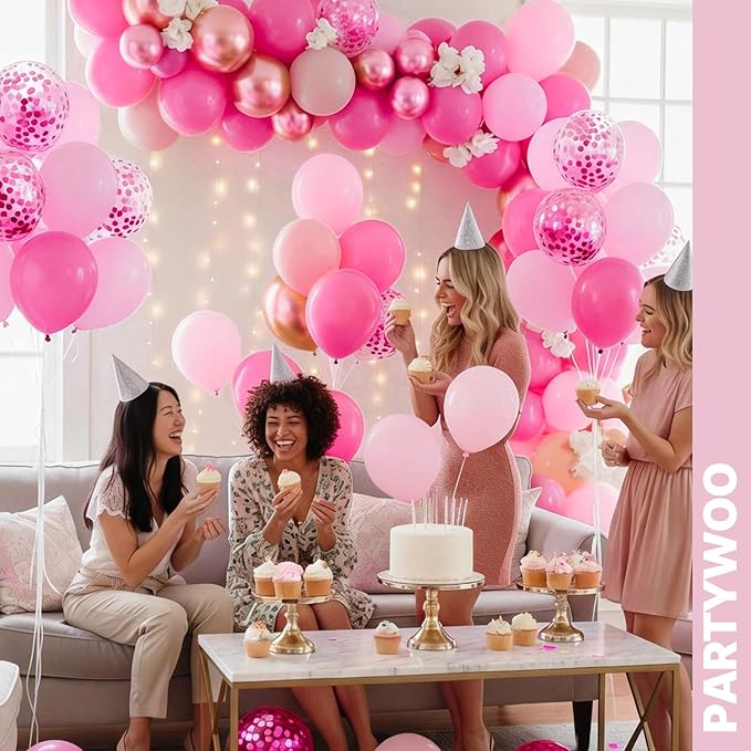 PartyWoo Pink and Gold Balloons 65pcs 12 Inch Metallic Gold Pearl Matte Hot Light Pastel Pink Confetti Balloons for Gender Reveal Baby Shower Bridal Shower Princess Birthday Party Decorations