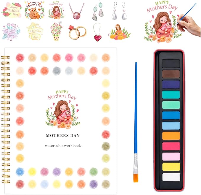 Kivzex Mother's Day Watercolor Workbook for Adults, Beginner Friendly Watercolor Painting Kit Water Coloring Book, Nature-Themed Practice Art Gift Water Color Paint Book with Palette and Brush