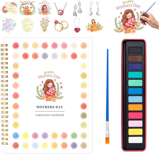 Kivzex Mother's Day Watercolor Workbook for Adults, Beginner Friendly Watercolor Painting Kit Water Coloring Book, Nature-Themed Practice Art Gift Water Color Paint Book with Palette and Brush