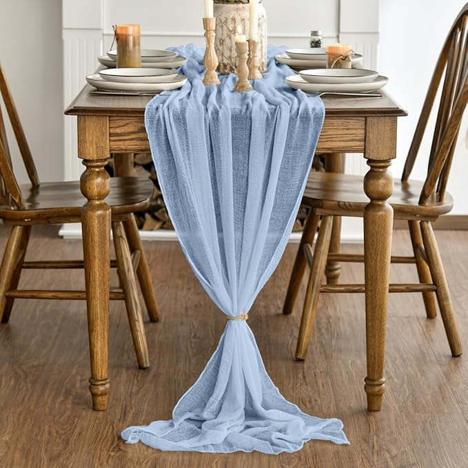 Artoid Mode Boho Ice Blue Gauze 3 Pieces Wedding Table Runner, 120 Inch Seasonal Fabric Kitchen Dining Holiday Table Decor for Home Party Indoor