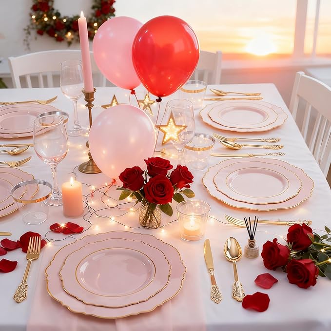 Liacere 700PCS Pink Plastic Plates-Dinnerware Sets for 100 Guests-200 Disposable Plates(10inch,7inch),300 Pink Plastic Silverware,100 Cups,100 Napkins for Wedding&Galentines Day&Easter Day