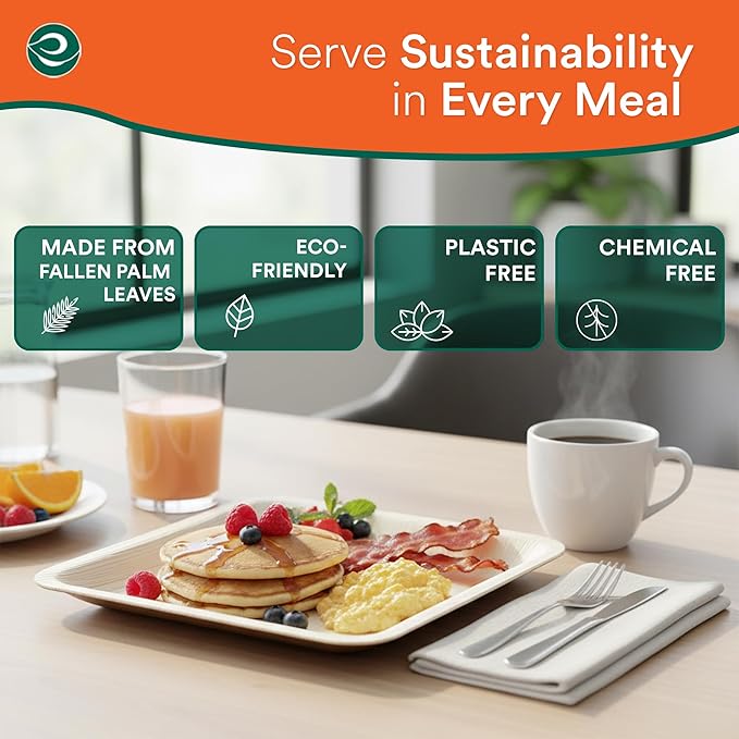 ECO SOUL 8 Inch Disposable Palm Leaf Plates [100 Pack] Premium Food-Safe Heavy Duty Compostable Bamboo Paper Plates for Lunch, Dinner, Birthday, Weddings, Party, Camping & Catering Events [Square]