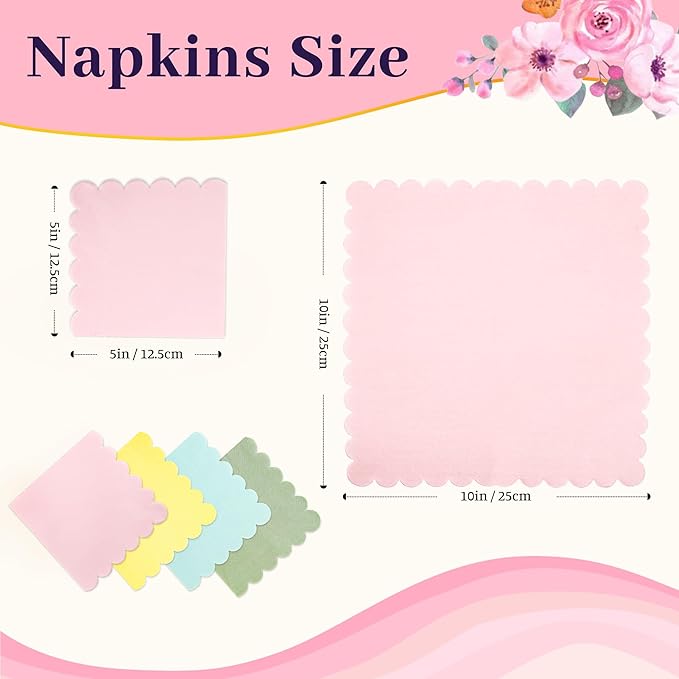 100 Pcs Cocktail Napkins Colorful Napkins with Scalloped Edges 5 x 5 Inch Dinner Napkins Disposable Thick Paper for Wedding Dinner Birthday Party - Assorted Colors Pink Green Yellow Blue
