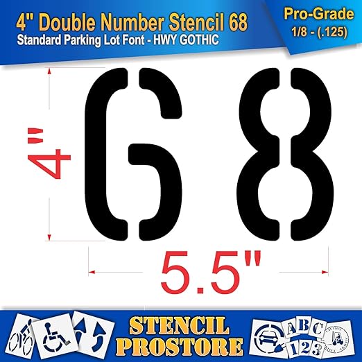 Pavement, Curb, and WheelStop Stencils - 4 inch Double Number Stencil - (68) - 4" x 5.5" x 1/8" (128 mil) - Pro-Grade