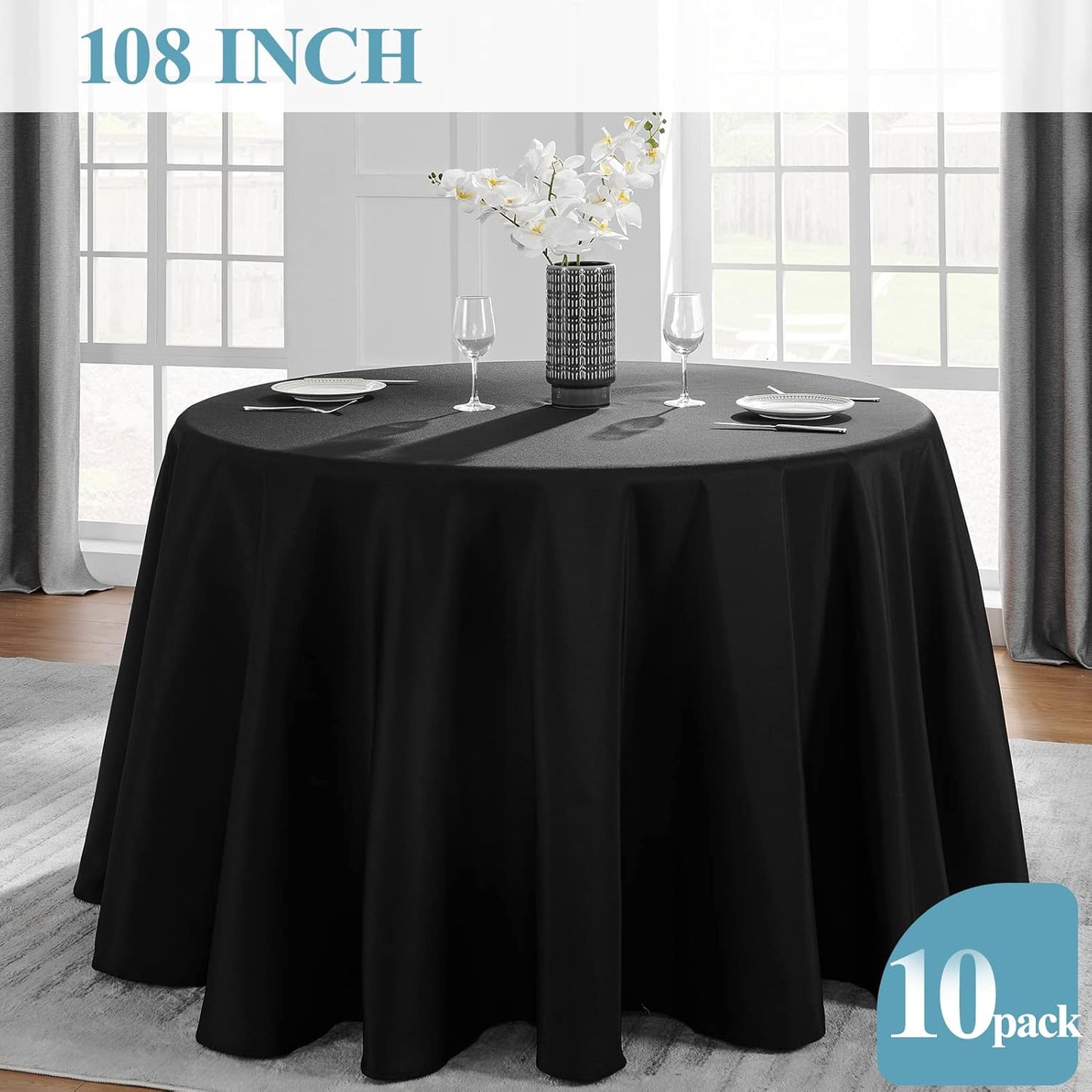 Vidafete 10 Pack 108inch Round Tablecloth Polyester Table Cloth，Stain Resistant and Wrinkle Polyester Dining Table Cover for Kitchen Dinning Party Wedding Rectangular Tabletop Buffet Decoration(Black)