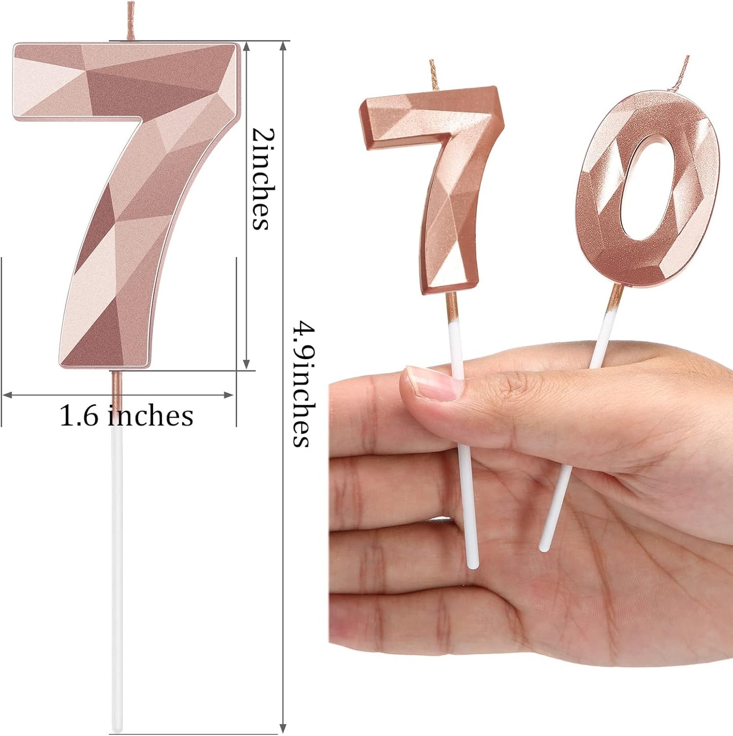 Nuanchu 70th Birthday Candles, Happy Birthday Cake Topper 3D Diamond Shape Numeral Sparkler Number Candles for Men Women Party Wedding Decoration Theme Party (Rose Gold)