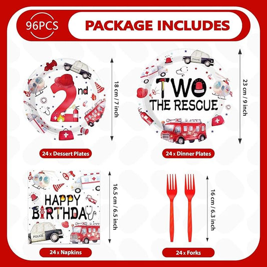 Grencian 96Pcs Two the Rescue Birthday Decorations Emergency Vehicle Theme Plates and Napkins Fire Truck Tableware Ambulance Dinnerware for Kid Emergency Vehicle 2 Years Old Birthday Party Decorations