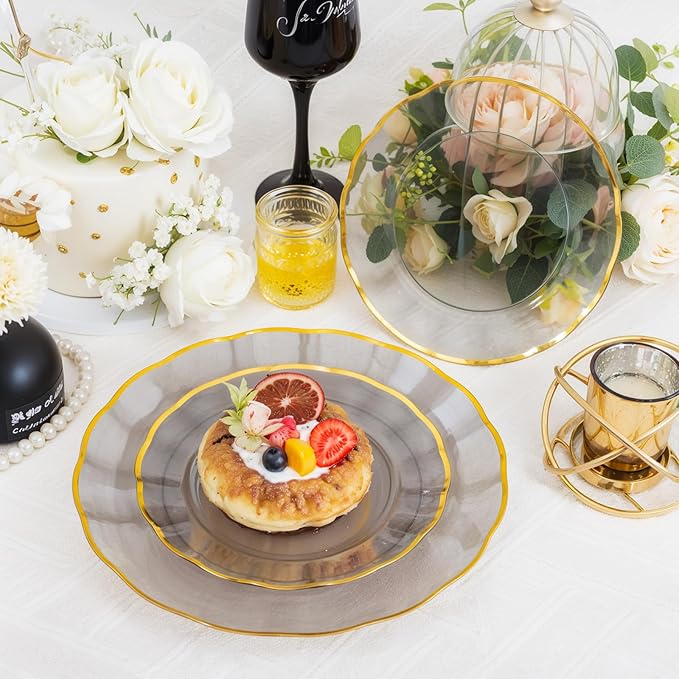 supernal 60Pcs Black and Gold Plastic Plates Heavy Duty Black Disposable Plates With Gold Rim,Elegant Clear Black Dinnerware For 30 Guests Perfect for Party,Birthday,Anniversary,New Year