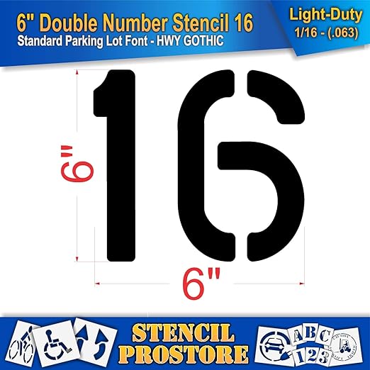 Pavement, Curb, and WheelStop Stencils - 6 inch Double Number Stencil - (16) - 6" x 6" x 1/16" (63 mil) - Light-Duty