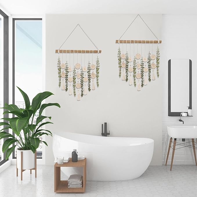 Boho Wall Decor Artificial Eucalyptus Bathroom Decor Fake Eucalyptus Plants Greenery Leaves with Wooden Bead Garland on Stick Rustic Farmhouse Home Decorations for Bedroom Living room Nursery Kitchen