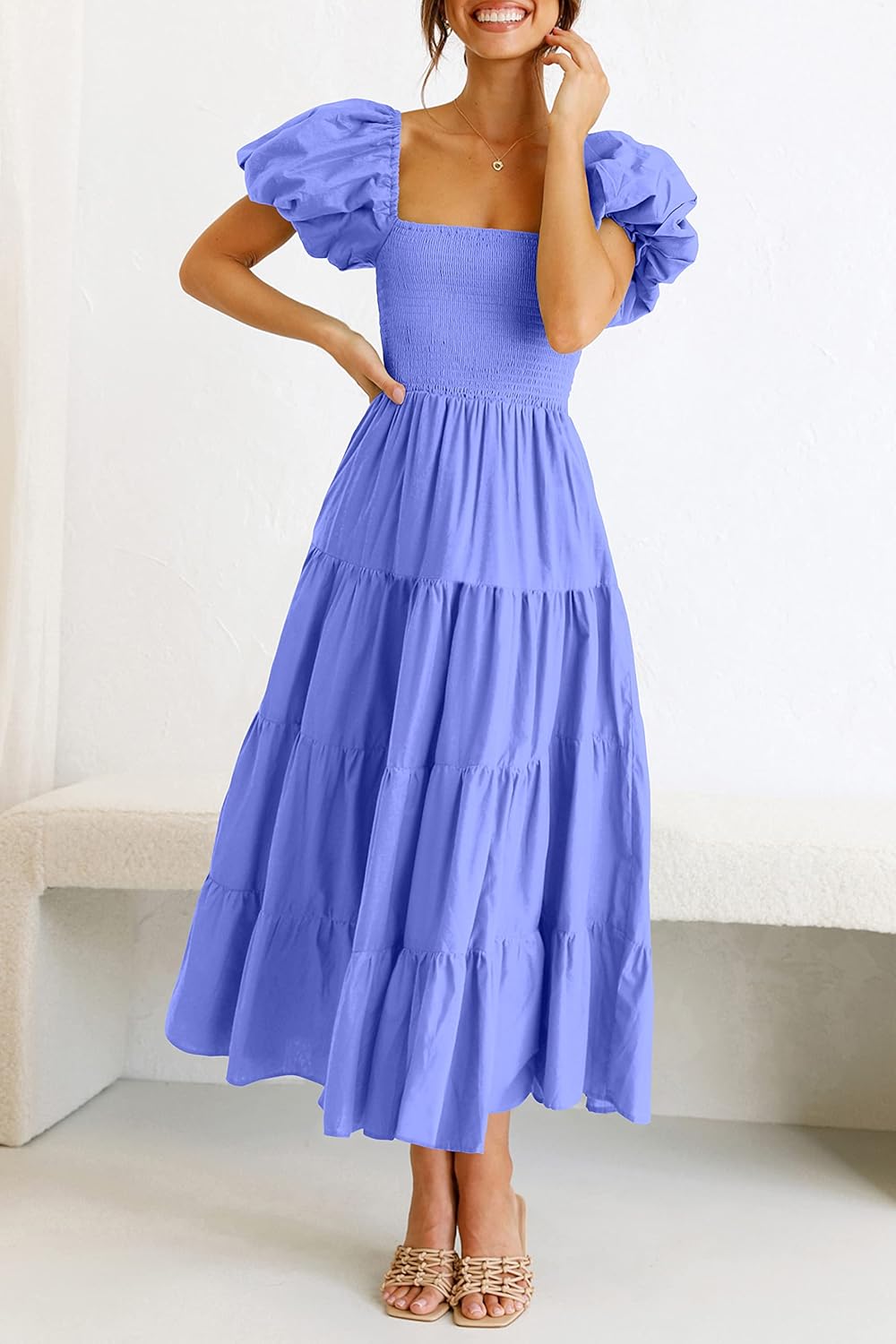 PRETTYGARDEN Women's Casual Summer Midi Dress Puffy Short Sleeve Square Neck Smocked Tiered Ruffle Dresses