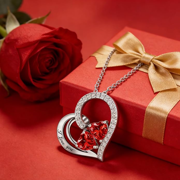 Double Birthstone Heart Necklace 0.8CT Dual-Gemstone S925 Sterling Silver Plated White Gold Engraved I Love You Perfect Anniversary/Valentine's Day Gift for Wife/Girlfriend/Mom/Daughter