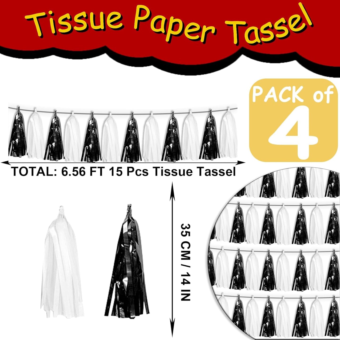 4P Black White Tassel Banner Garland Metallic Foil Fringe Banner Tinsel Tassels Streamer Banner Backdrop for Parade Floats Graduation, Halloween, Christmas, Father's Day Party Decorations
