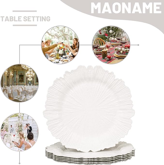 MAONAME Reef White Charger Plates, Plate Chargers for Dinner Plates, Plastic Plate Chargers for Wedding Decor, Thanksgiving, Christmas, Set of 6