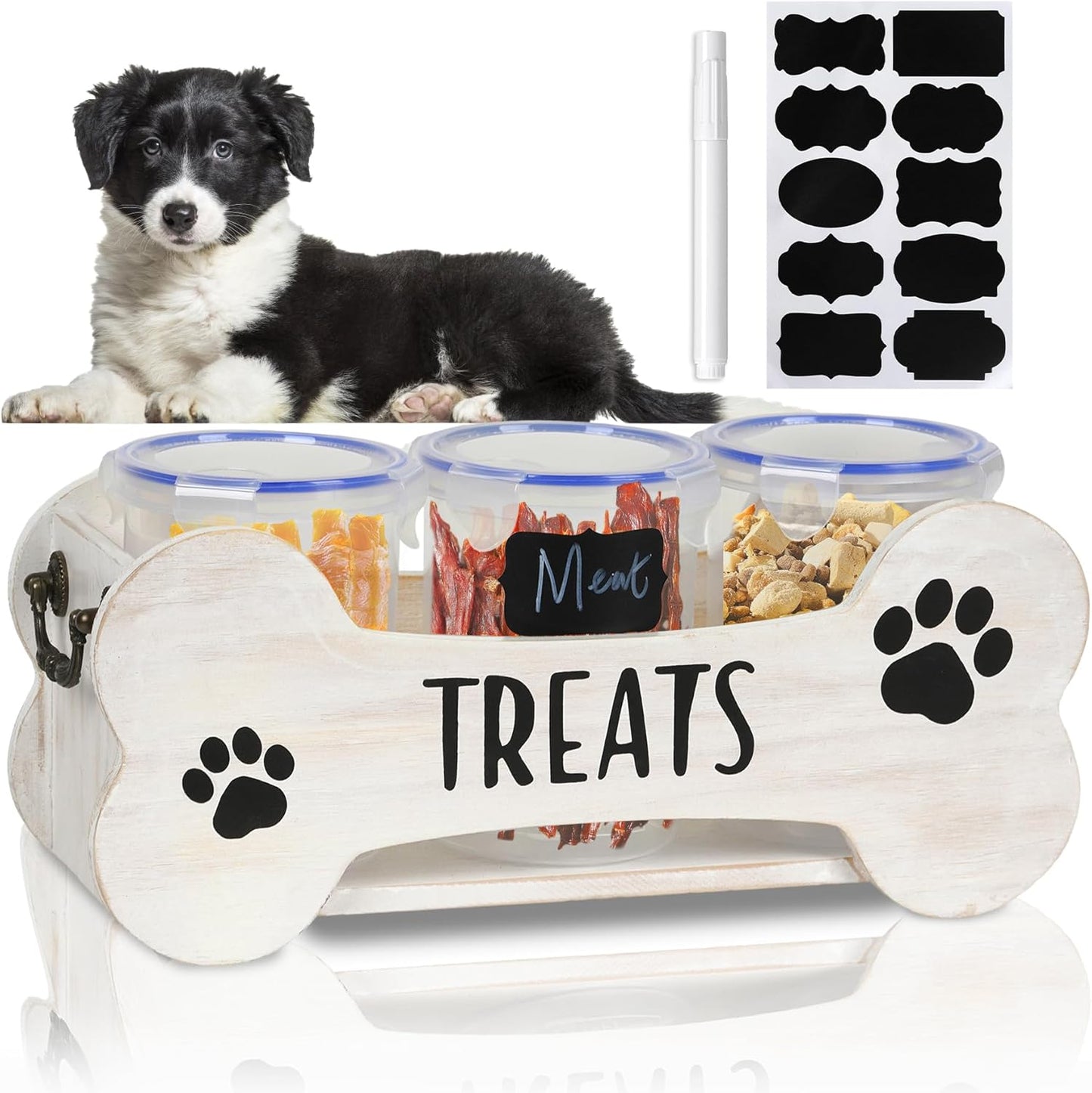 WGFKVAS Dog Treat Storage Containers, 3 Jar Pet food container, White Wooden Pet Food Dispenser for Dogs & Puppies, Perfect Food Storage Solution and Gift for Dog Owners