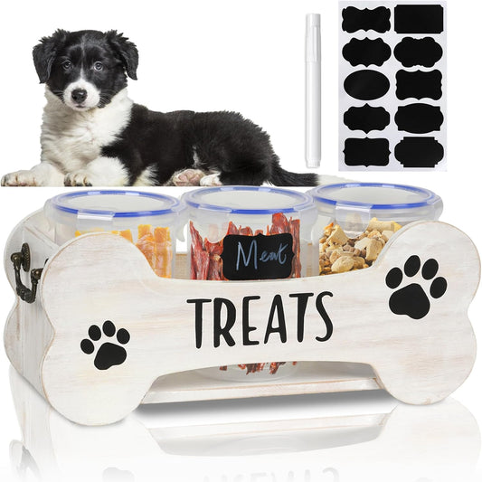WGFKVAS Dog Treat Storage Containers, 3 Jar Pet food container, White Wooden Pet Food Dispenser for Dogs & Puppies, Perfect Food Storage Solution and Gift for Dog Owners
