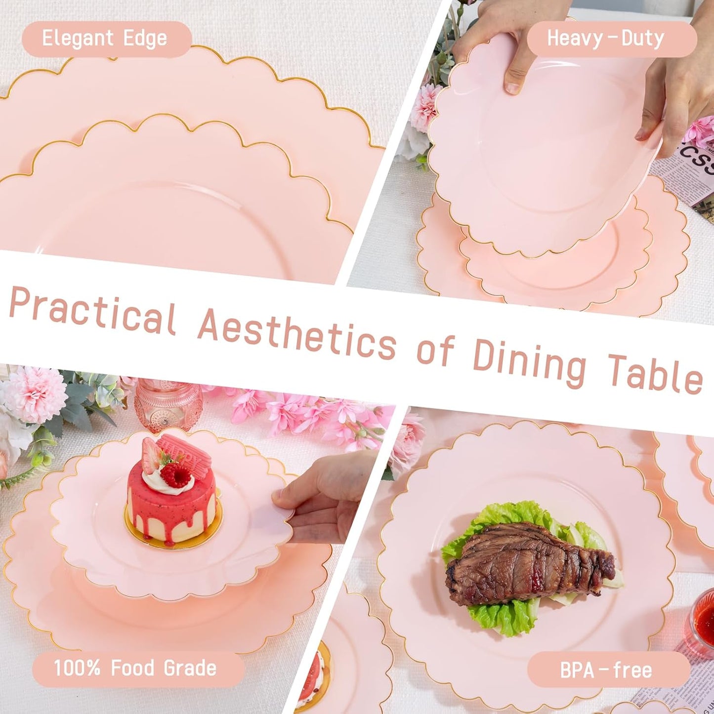 LIYH 120 Pcs Pink Plates Disposable Heavy Duty Gold Disposable Plates for Party Includes 60 Dinner Plate 10.25" & 60 Dessert Plate 7.5" Elegant Gold Rim for Bridal Shower Birthday