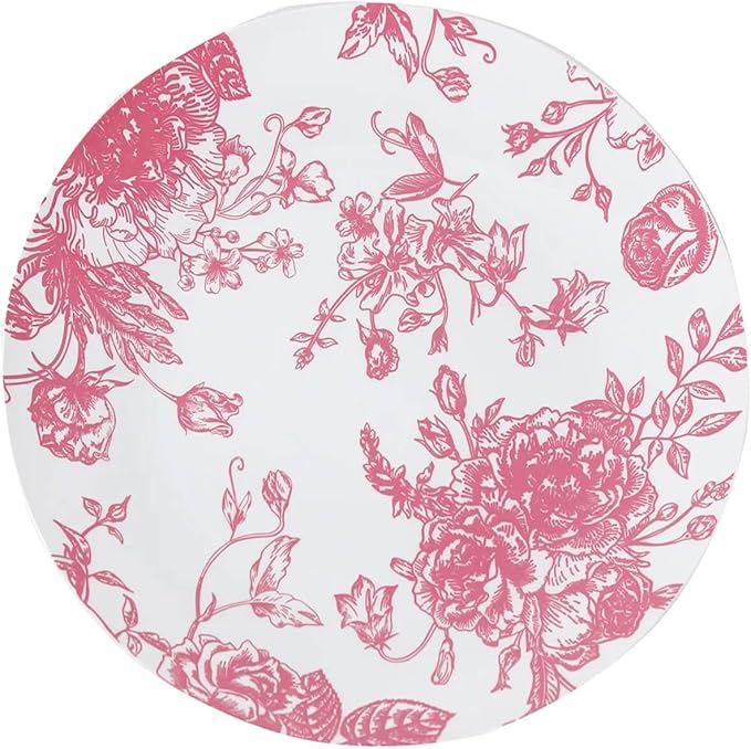 Efavormart 10-Pack French Toile Plastic Dinner Plates – Pink & White Floral, 10" Round Disposable Party Plates