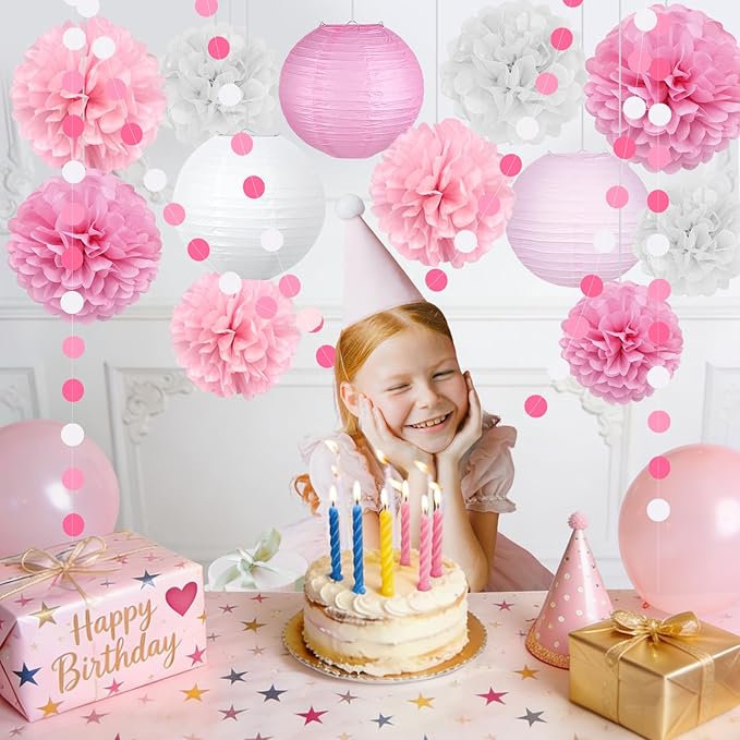 14 Pcs Pink Party Decorations Kit - Tissue Pom Poms, Lanterns & Polka Dot Garland for Girls Birthday, Baby Shower, Bachelorette, Princess Theme, Bridal Shower, Valentine's & Mother's Day