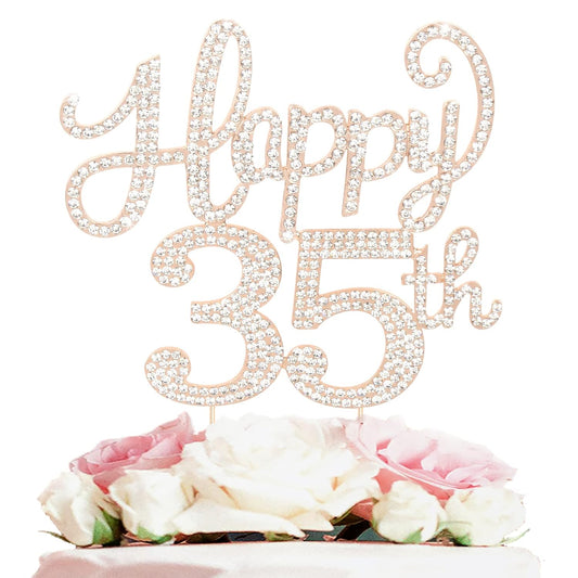 LASKYER Happy 35th Birthday Decorations,35th Birthday Gold Rhinestone Cake Topper - Cheers to 35 Years Old Bday Party Metal Sparkly Cake Centerpieces Sign.