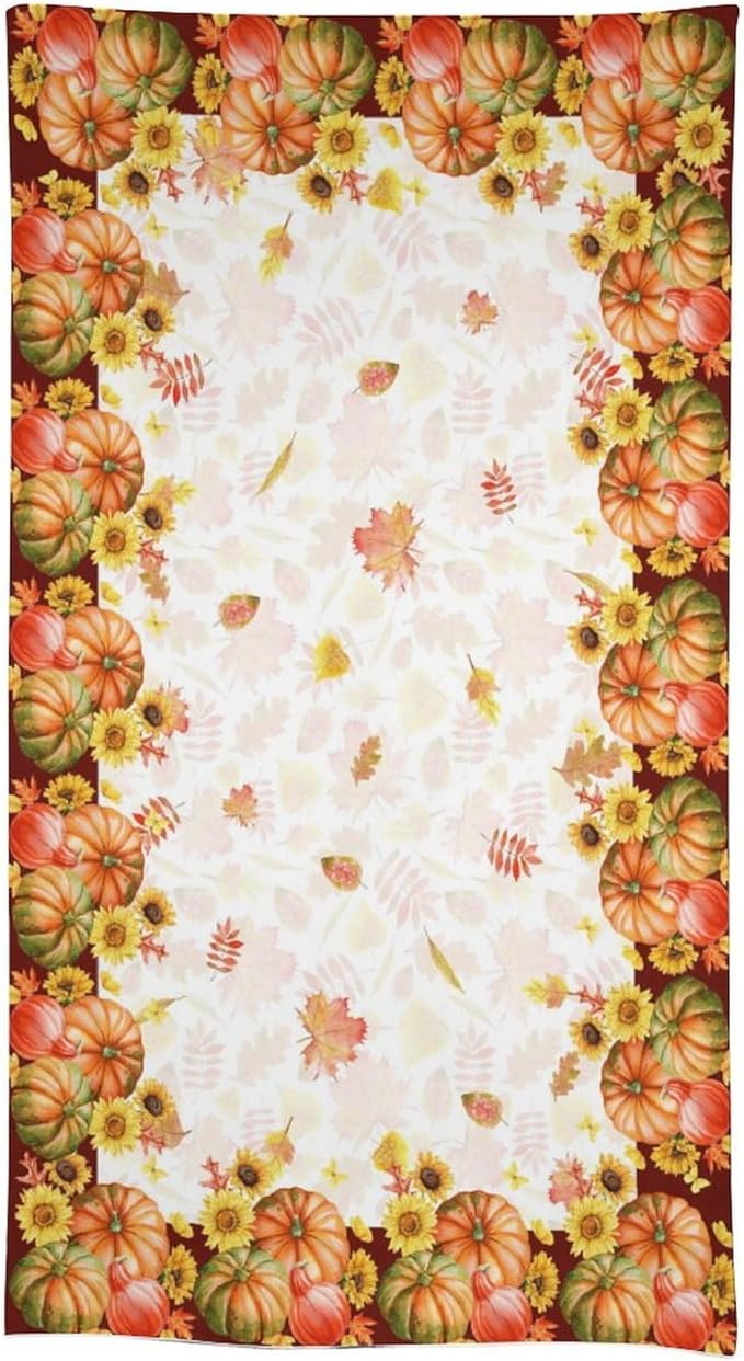 Autumn Thanksgiving Pumpkin Tablecloth, Vintage Retro Maple Leaves Watercolor Yellow Sunflower Fall Harvest Table Cover for Party Picnic Dinner Kitchen 60x110 Inch Rectangle
