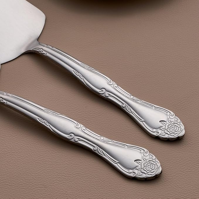 Deeny Jarte 9.3-Inch Silver Cake Server Set - 3-Piece Stainless Steel Dessert Serving Utensils with Stylish Rose Handle – for Weddings, Parties, Birthday Celebrations & Gatherings