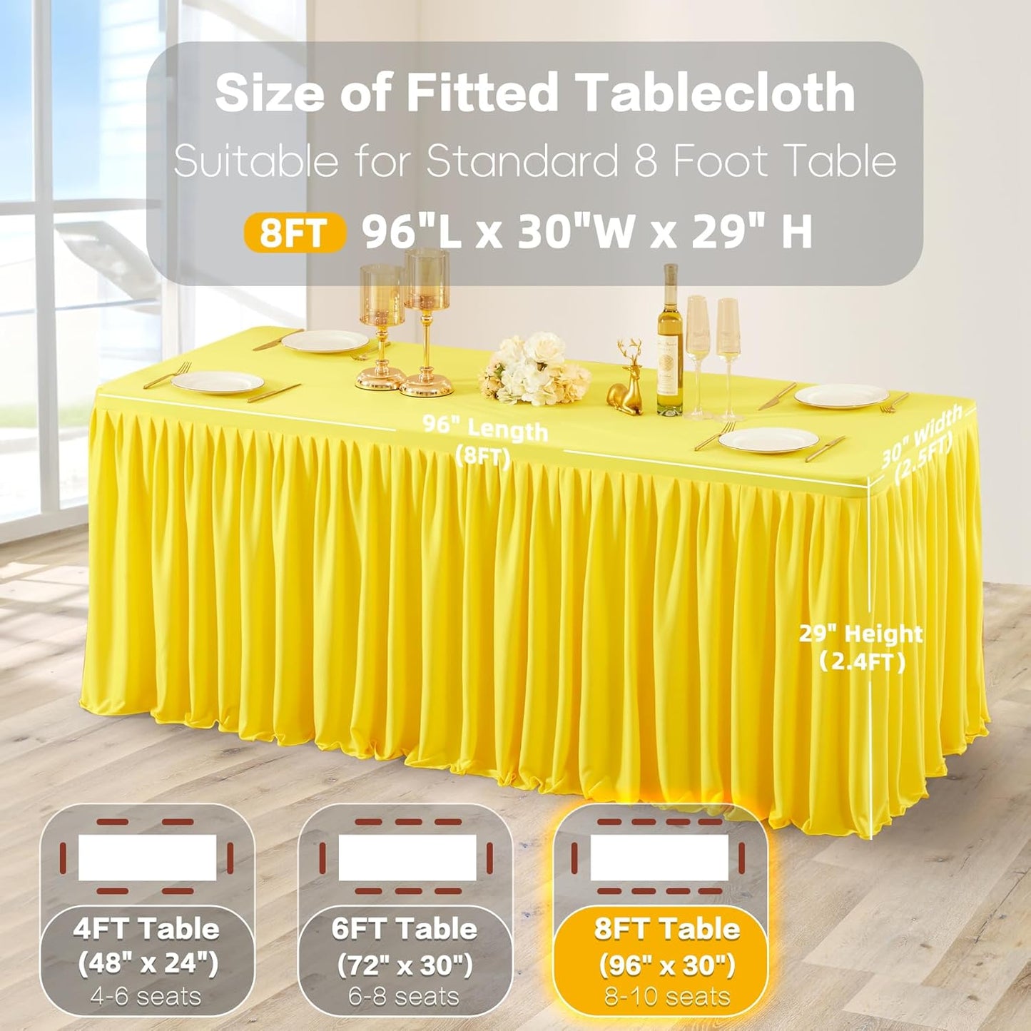 Yellow Polyester Table Clothes for 8 Foot Rectangle Tables, Wrinkle Free Fitted Table Cover with Pleated Ruffle Table Skirt for Birthday Party Wedding Trade Show Event Display
