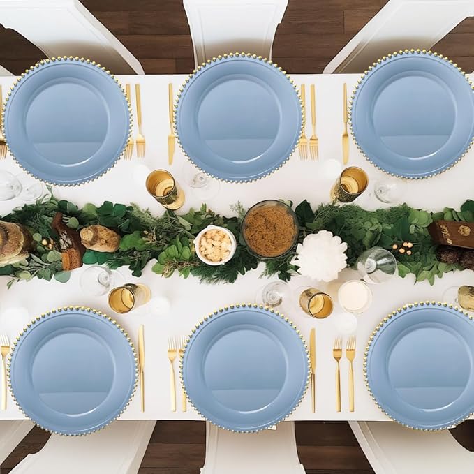 Blue Beaded Charger Plates, 13 Inch Plastic Round Chargers for Dinner Plates, Party, Wedding, Birthday.Set of 6