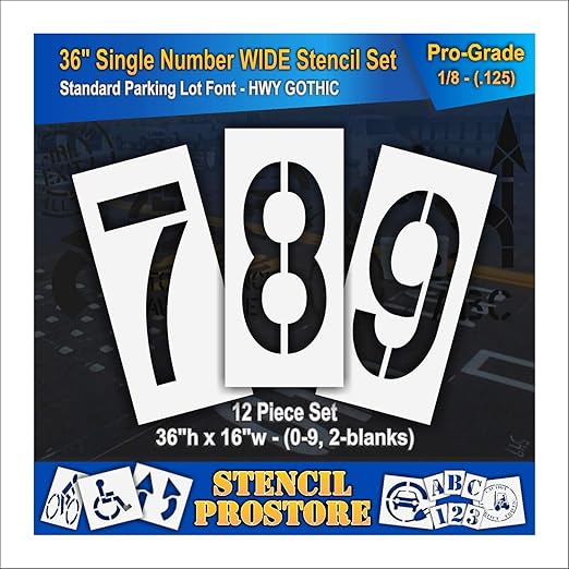 Pavement Stencils - 36 inch Number Stencil (Wide) Set (12 Pieces) -0-9 - 36" x 16" x 1/8" (128 mil) - Pro-Grade