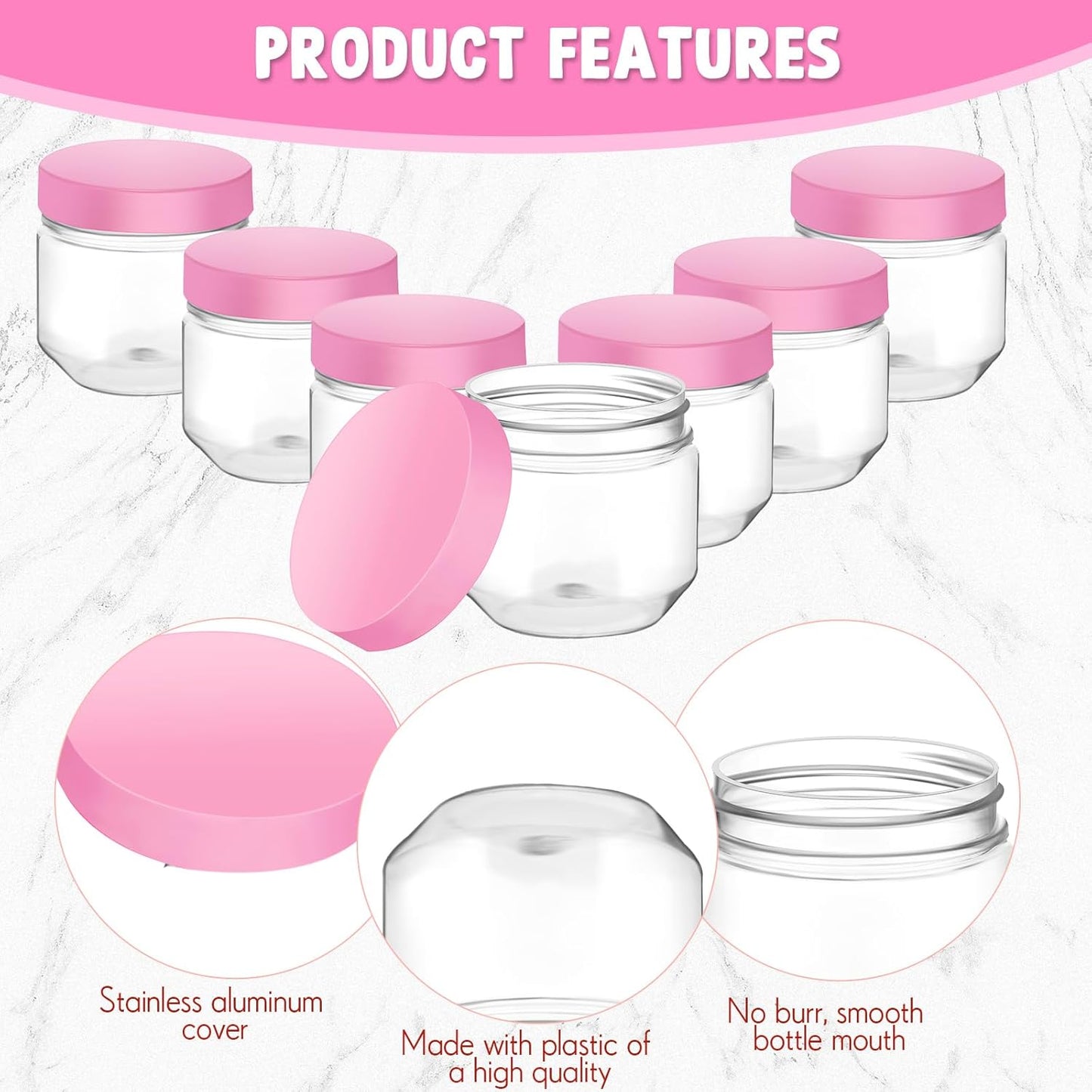 Tanlade 60 Pcs 3 oz Clear Plastic Jars with Lids Wide Mouth Mason Jars Mini Storage Containers Bulk for Herb Jelly Wedding Valentine Favors Shower Party Favors(Pink)