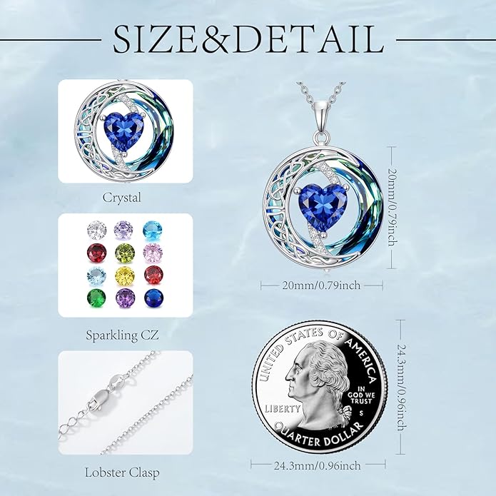 Sapphire Necklace for Women Moon Necklace with Celtic Pendant Heart September Birthstone Jewelry Christmas Birthday Anniversary Jewelry Gift for Daughter Wife Mother Sister