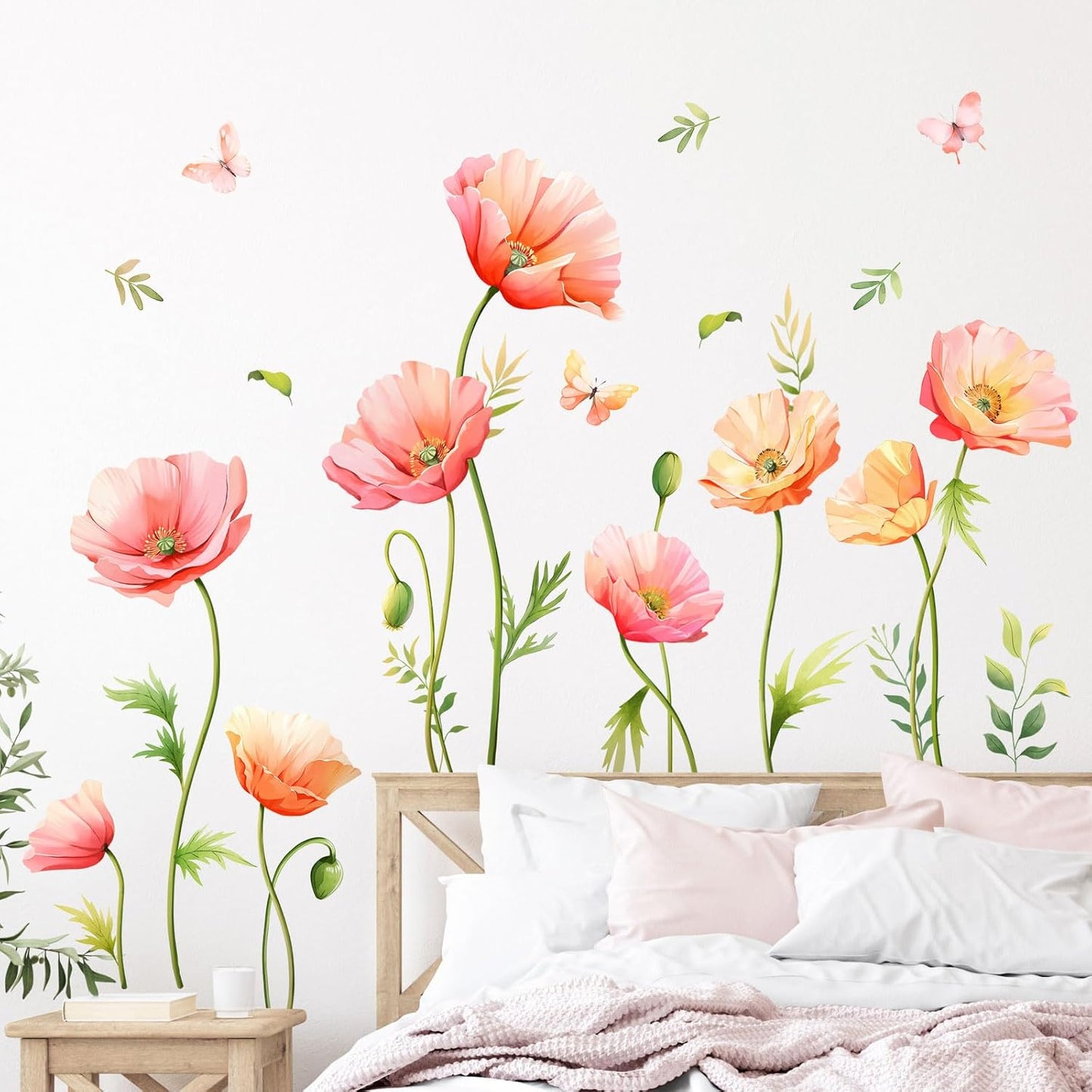 Large Pink Floral Wall Decals Poppy Flower Butterfly Wall Stickers Peel and Stick Autumn Floral Wall Art Decor for Living Room Bedroom Office TV Sofa Backdrop Home Decor Gifts for Mom