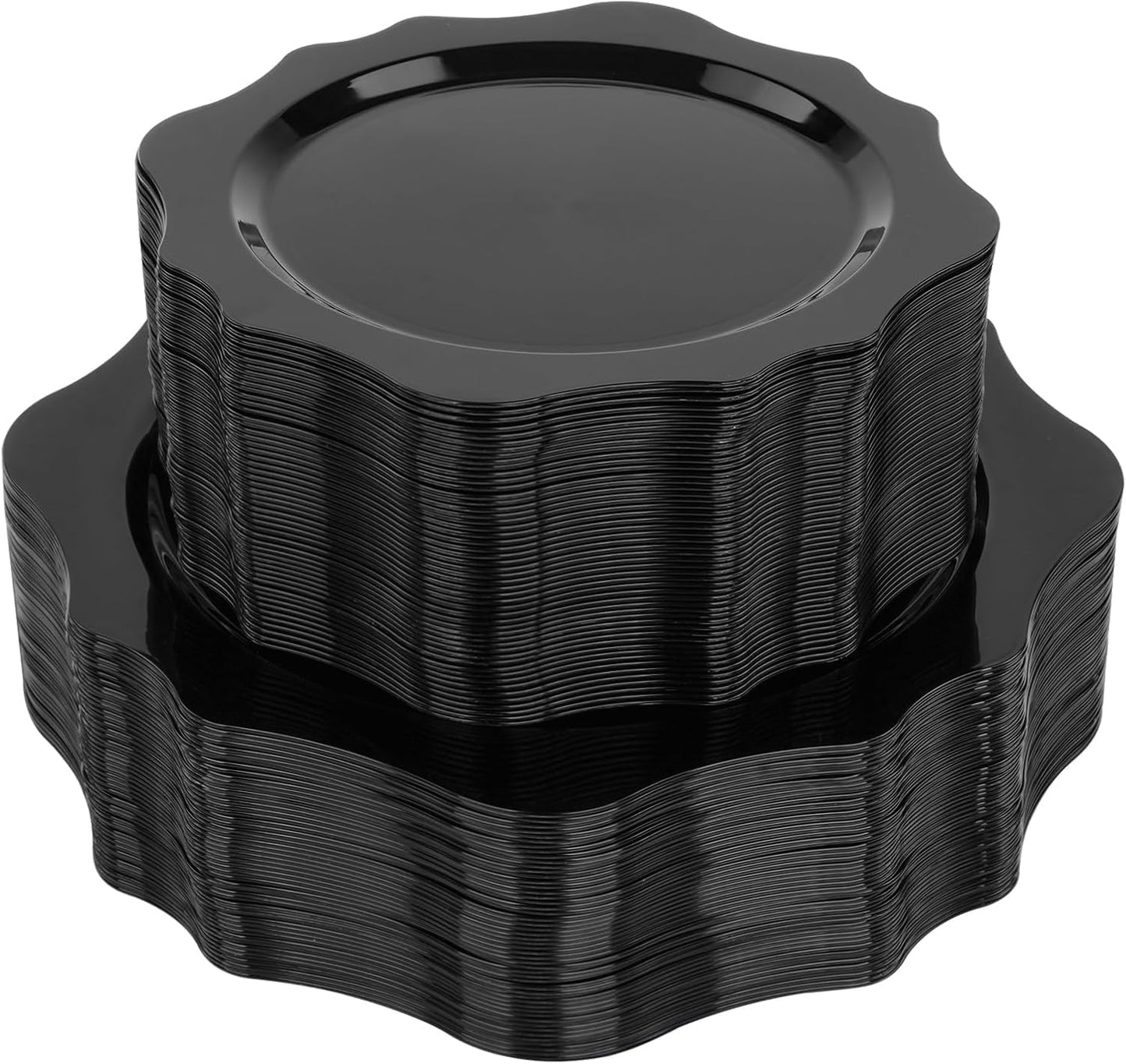 100 PCS Black Disposable Plates for 50 Guests, Scalloped Plastic Plates Include 50 Dinner Plates and 50 Dessert Plates for Party, Wedding, Graduation and Father's Day