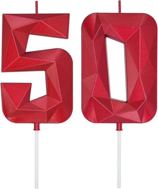 DERVENTA Large Birthday Candle Number 3D Red 3.7 inch Party Celebration Anniversary Decoration Cake Topper 1 Piece (Number 50 Red)
