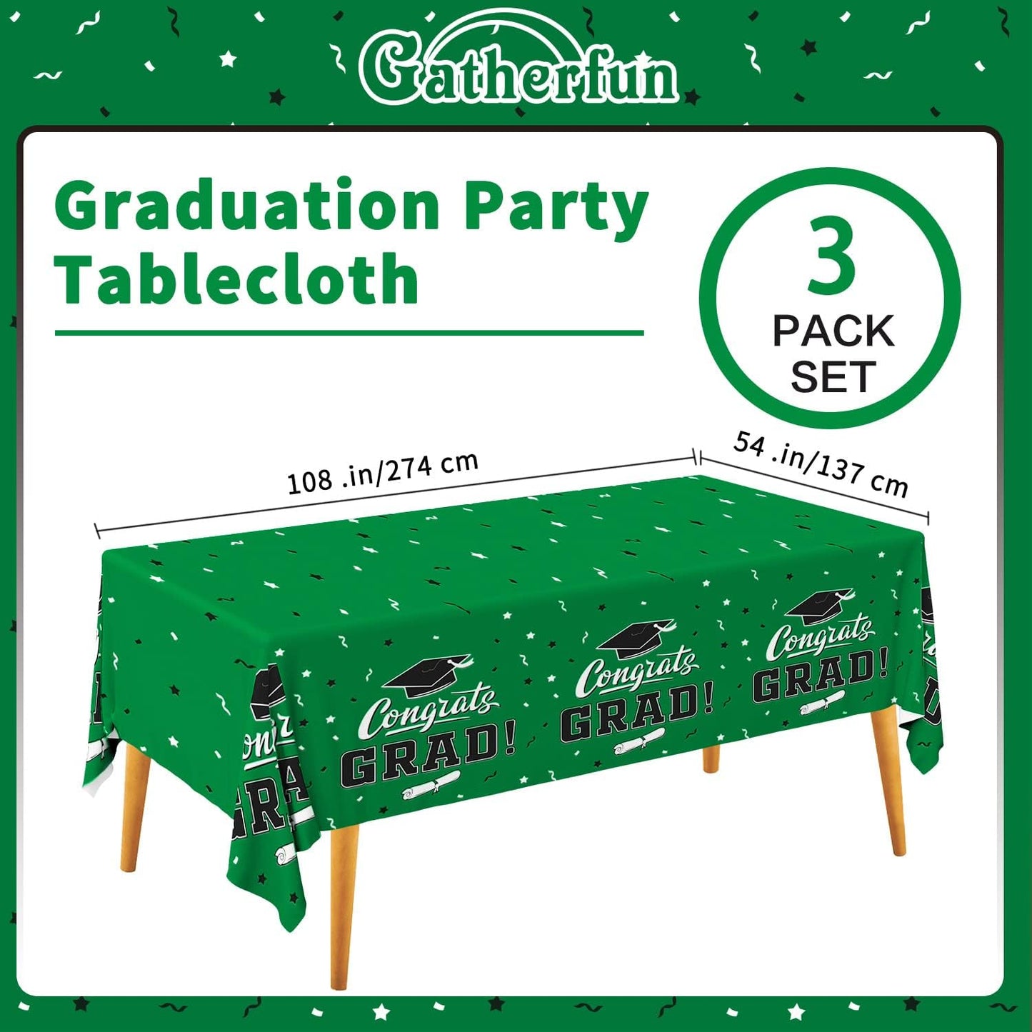 Graduation Party Decorations, Gongrats Grad Tablecover for Graduation Party Supplies, 3 pcs Green Table Cloths, 54"x108"